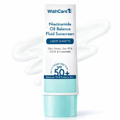 WishCare Niacinamide Oil Balance Fluid Sunscreen outer pack showing matte finish concept