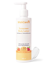 WishCare SPF50 body lotion bottle with broad spectrum protection for daily use.