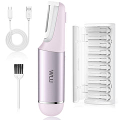 WLU Dermaplane Razor face closeup showing peach fuzz removal and smooth skin potential.