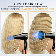 Wondrokey diffuser demonstrates curl definition and frizz control for defined waves.