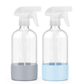 Worldgsb glass spray bottle with blue silicone sleeve for safe, visible liquid level and precise mist.