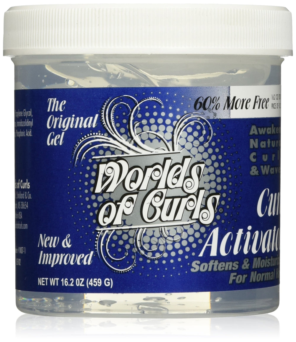 Worlds Of Curls curl activator gel bottle for dramatic definition and control.