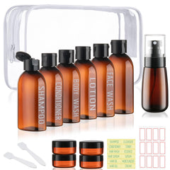 Wowang travel kit with six 3.4 oz bottles organized for easy packing