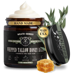 Wrath & Remedy whipped tallow honey balm jar front shows rich hydration for daily skincare.