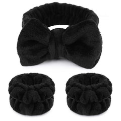 WSYUB makeup headband with fluffy black bow keeps hair away while applying makeup