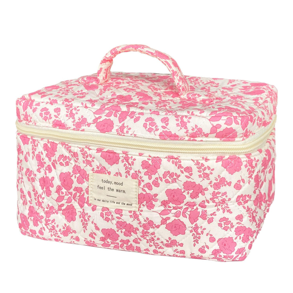 WYJ pink large quilted floral makeup bag keeps cosmetics organized on the go.