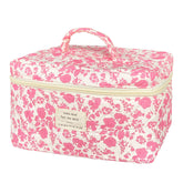 WYJ pink large quilted floral makeup bag keeps cosmetics organized on the go.