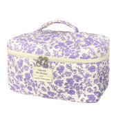 WYJ purple large quilted floral makeup bag front view showing organized cosmetics for travel