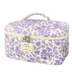 WYJ purple large quilted floral makeup bag front view showing organized cosmetics for travel