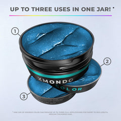 XMONDO Turquoise jar closeup highlights pigment texture and conditioning benefits
