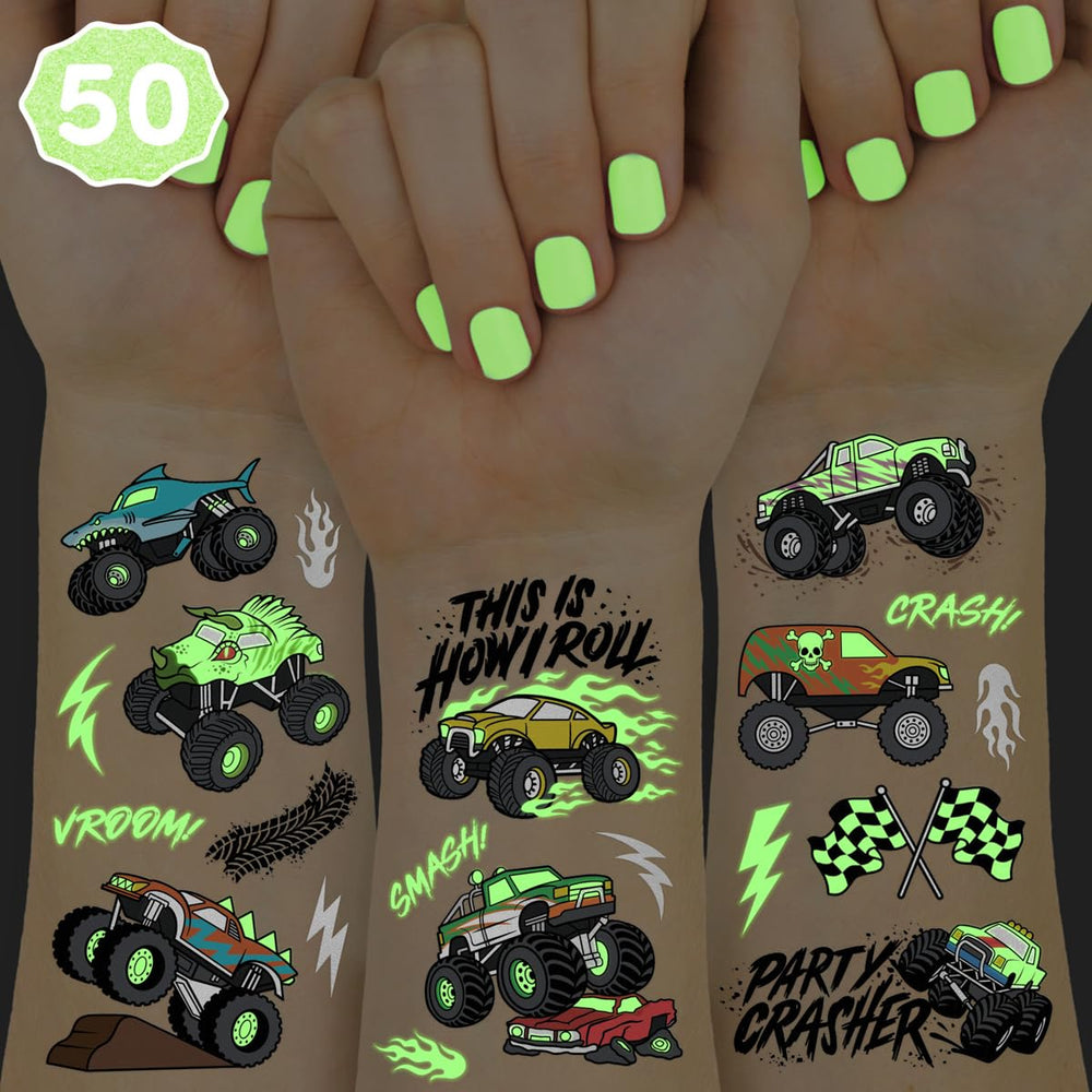 xo, Fetti glow-in-the-dark monster truck tattoo with race track designs for party favors