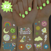 xo, Fetti glow tattoo sheets with 82 iridescent designs for festive party decor.