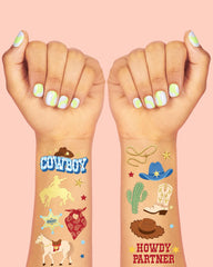 xo Fetti gold-foil boots tattoo provides classy western flair for events.