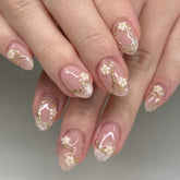 XZMeiLun French Gold Pearl flowers press-on nails for elegant DIY manicures.