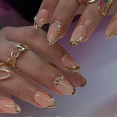 XZMeiLun uñas presión almendra Frances oro perlas para look elegante