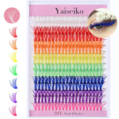 Yaiseiko colored lash clusters tray closeup shows silk fibers for soft, comfortable wear.