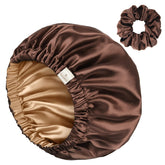 YANIBEST adjustable satin bonnet with brown strap for a secure, comfortable fit.