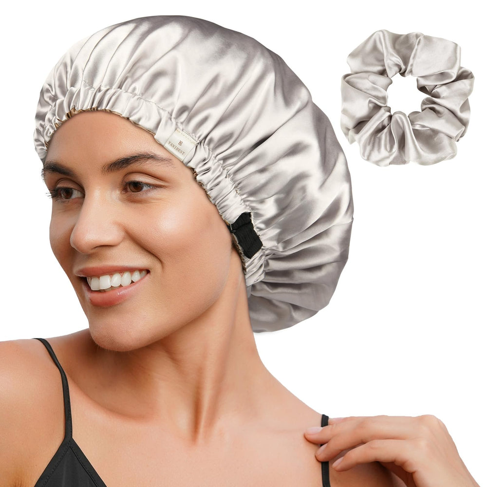YANIBEST adjustable satin bonnet front view for gentle, frizz-free sleep protection.