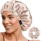 YANIBEST adjustable satin bonnet with strap provides secure overnight wear for curly hair.