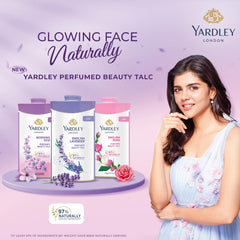 Yardley London English Lavender talc packaging emphasizes UK-made quality and timeless elegance.