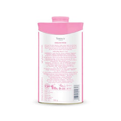 Close-up of Yardley English Rose talc showing fine smooth powder texture.