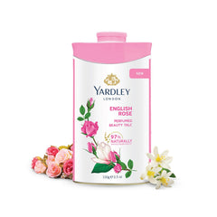 Yardley London English Rose talc tub displaying classic fragrance for daily freshness.