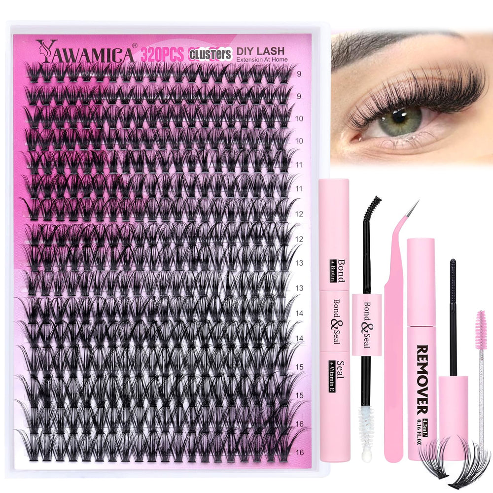 Yawamica lash clusters kit 320pcs for at-home DIY extensions.