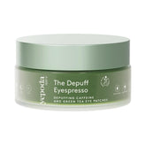 Yepoda Depuff Eyespresso jar close-up highlighting glass packaging and eye patches for refreshed eyes.