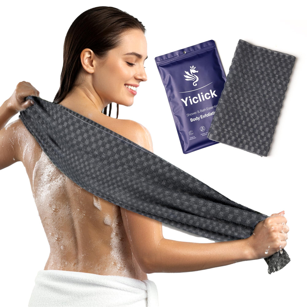 Toalla exfoliante Yiclick con dorso largo para alcance completo en la ducha.