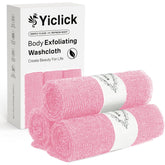 Toalla exfoliante Yiclick rosa pastel para exfoliar y suavizar la piel.