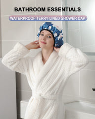 YIZIJIZI terry-lined pink pattern shower cap offers secure fit during bath