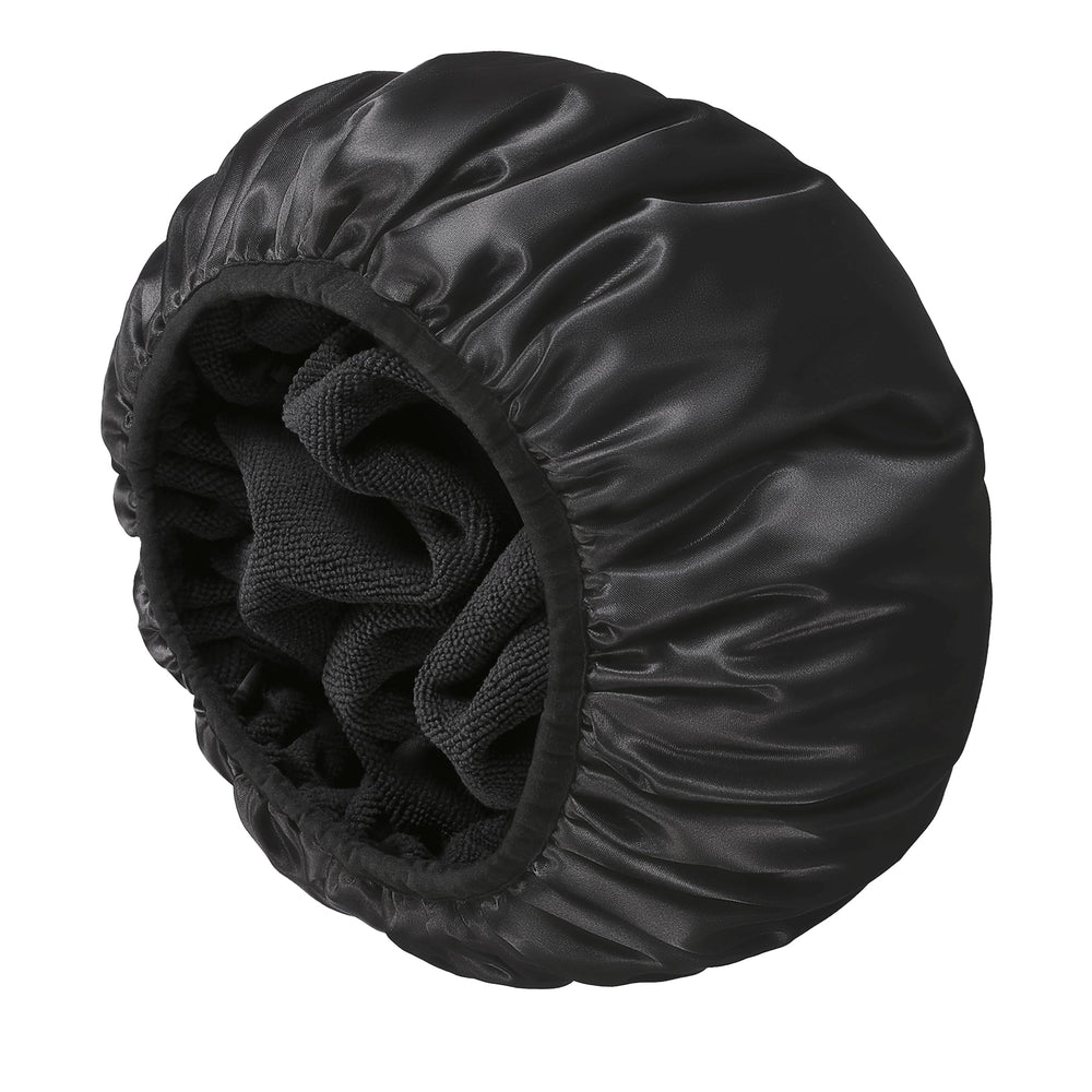 YIZIJIZI terry lined shower cap, navy pattern, protects hair during showering.