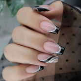 YKZFUI 24 uñas frances negro con brillo plateado, acabado elegante para cualquier ocasión.