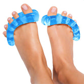YogaToes Classic Sapphire Blue front view demonstrates compact toe-stretcher design for daily foot care.