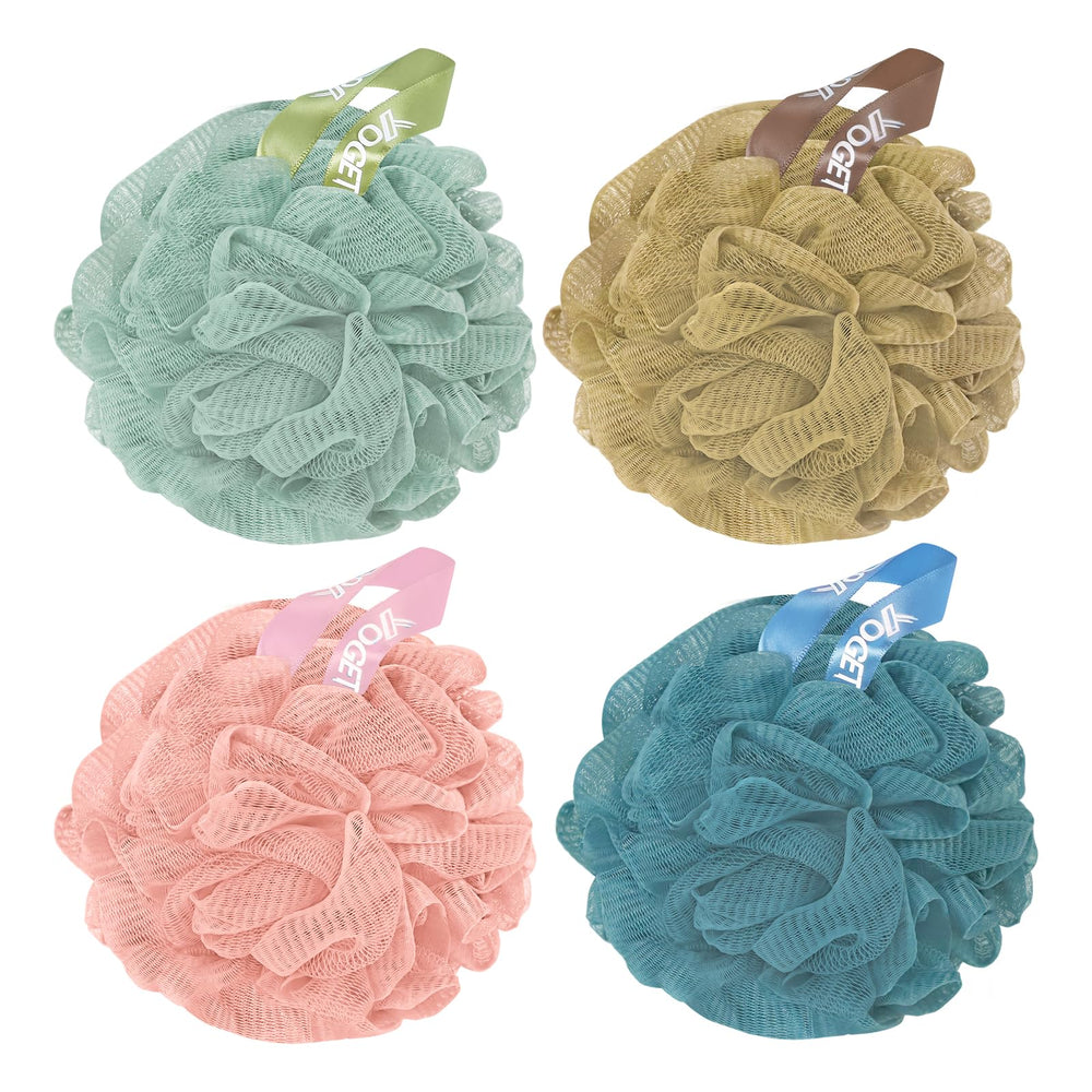 YOGET 4-pack shower loofah sponge with spa-like exfoliation for refreshed skin.