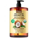 Yoken aceite de coco fraccionado, vertido desde la botella para piel suave.