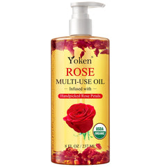 Yoken aceite multiusos, vertido desde la botella para hidratar piel