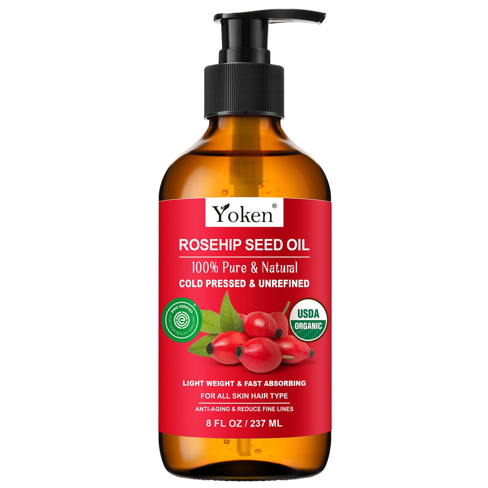 Yoken Aceite de Rosa Mosqueta: frasco de 8 oz para hidratación diaria de piel.