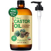 Yoken castor oil in amber glass bottle with pump for easy application.