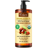 Yoken Jojoba Oil bottle shows pure, multipurpose moisturizer for face and hair.