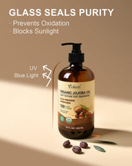 Multipurpose Yoken jojoba oil used on face, hair, body, and nails.