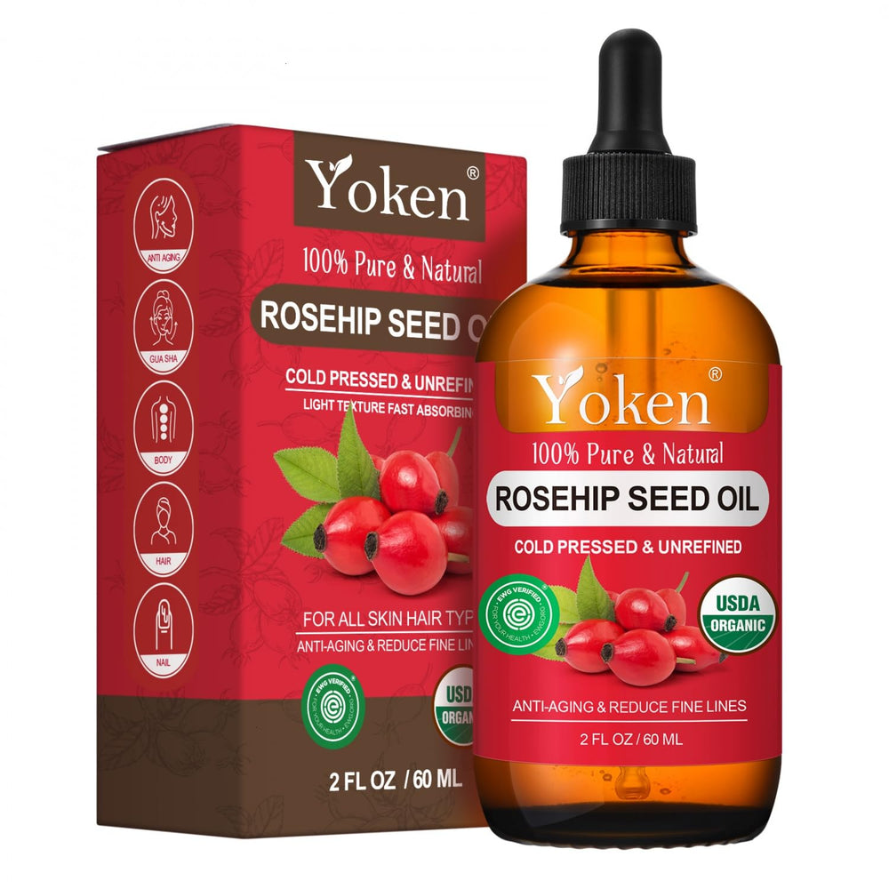 Yoken Rosehip Oil bottle with dropper for quick absorption and daily hydration.