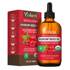 Yoken Rosehip Oil bottle with dropper for quick absorption and daily hydration.