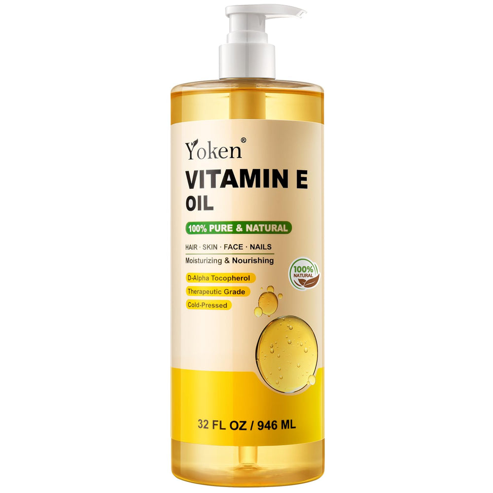Yoken Vitamin E Oil 32oz bottle with pump for easy daily use.