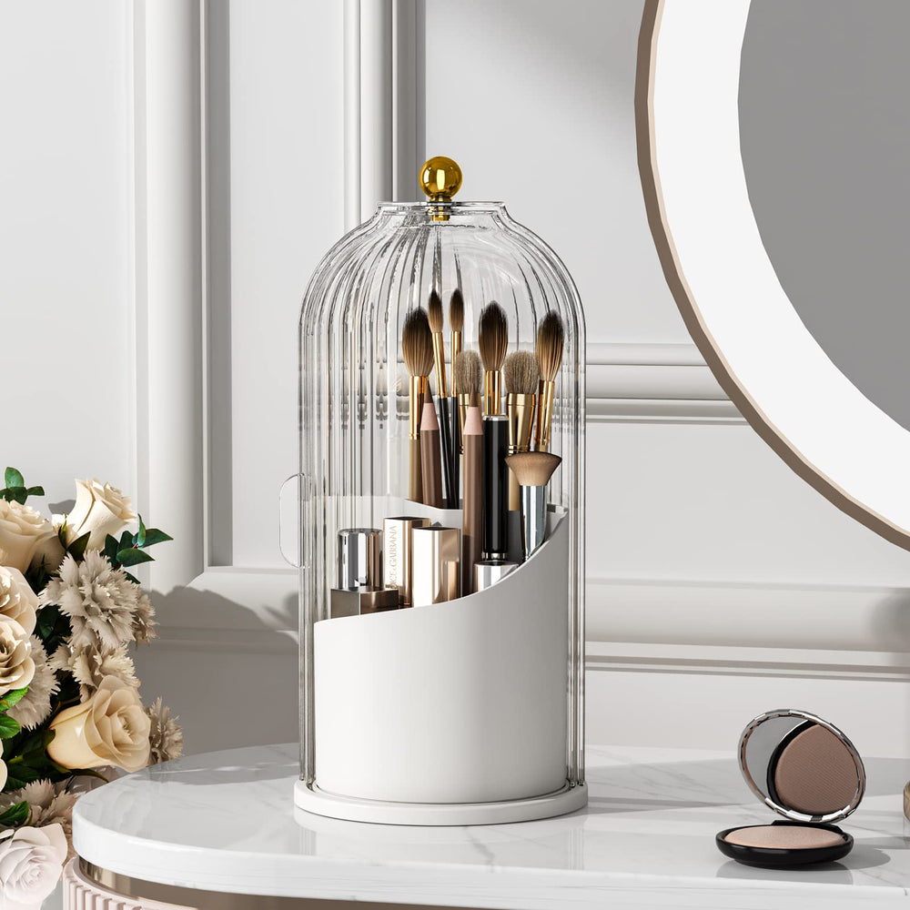 YOOLENS makeup brush holder with lid, 360-degree rotation, keeps brushes organized and dust-free