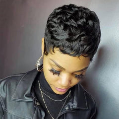 YOUKNOWIG pixie cut wig front view shows natural black color for daily wear.