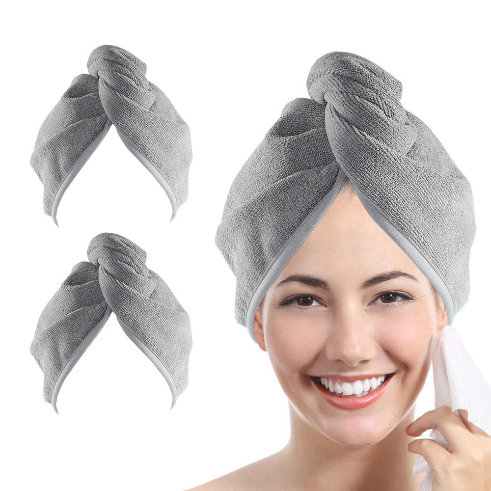 YoulerTex gray microfiber hair towel wrap front view showing 2-pack design for quick drying