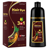 YOURTONE Dark Brown Hair Dye Shampoo bottle shows gray coverage and vibrant shine.