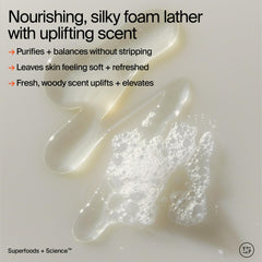 Youth To The People body wash lather in hand showing creamy, gentle cleansing.