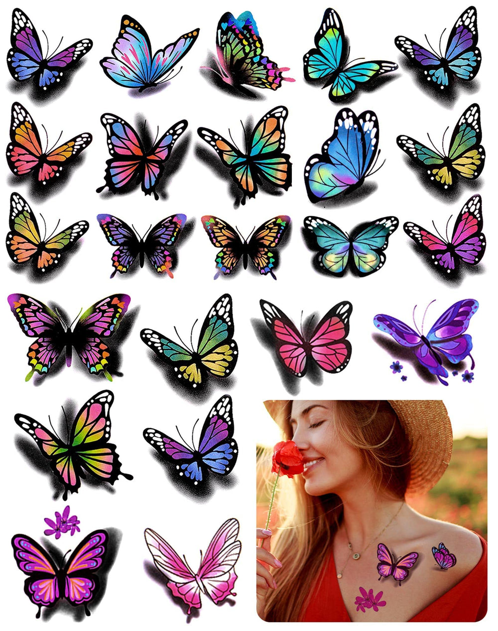 ZAUGONTW tatuajes temporales 3D mariposas, colores vibrantes para brazos.